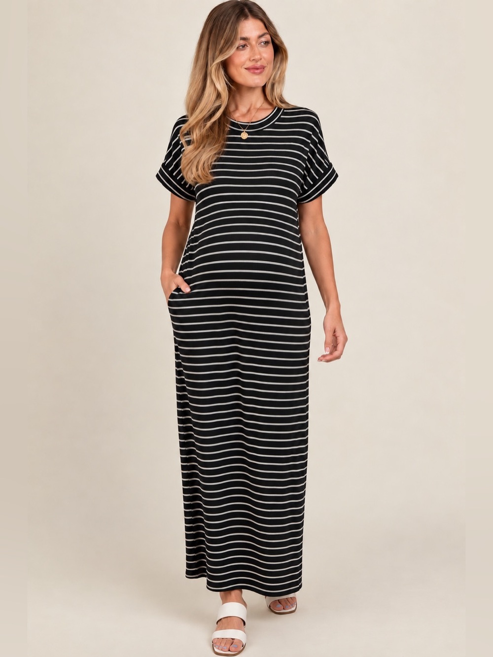 PinkBlush Cherish Maternity Striped Midi Maxi Dress Black White Ribbed Pockets